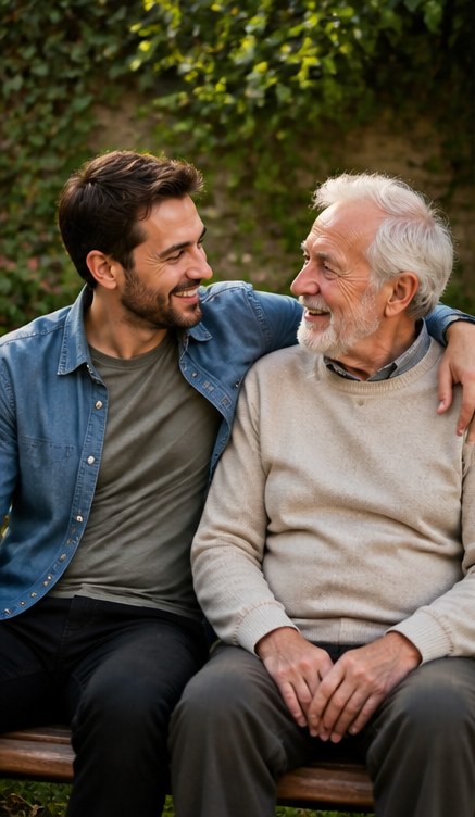 Adult son with his arm around his father on a garden bench