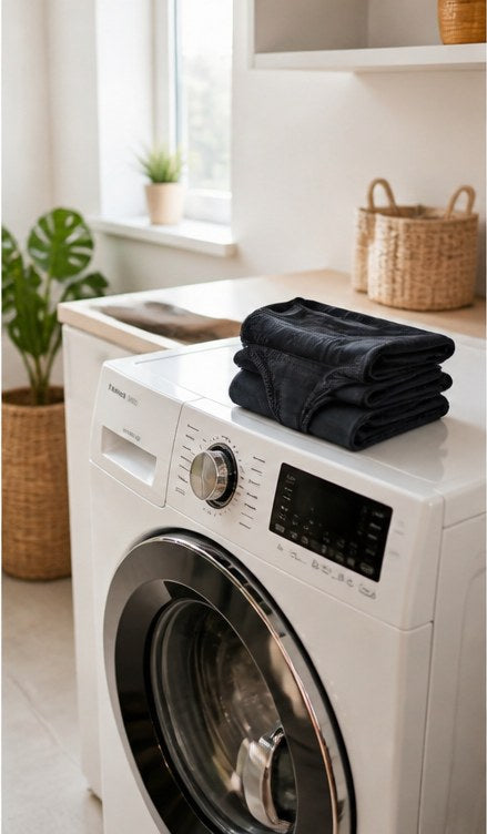 Folded dark underwear on a washing machine in a bright laundry room