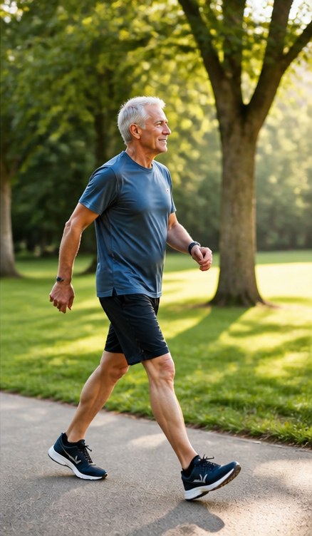 Older man in athletic wear walking through a sunny park