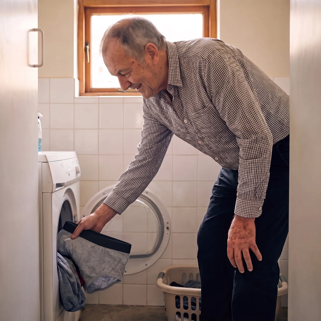 Smiling man putting a pair of Maven Nove leakproof briefs into the washing machine