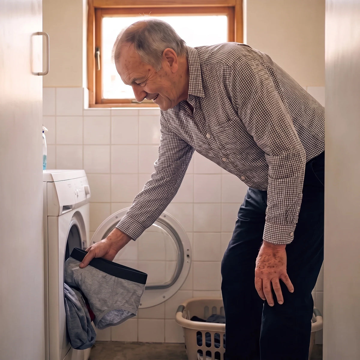 Smiling man putting a pair of Maven Nove leakproof briefs into the washing machine