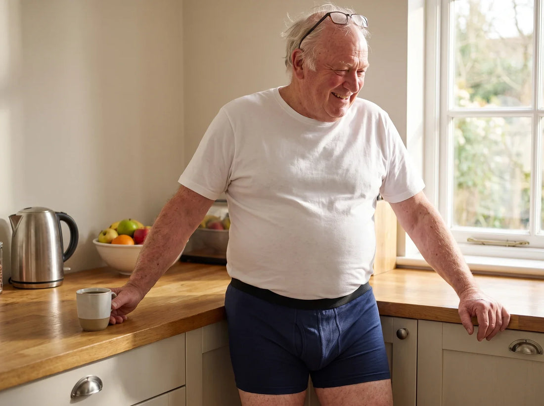 Man in his sixties having coffee at home in Maven Nove M96 boxer briefs