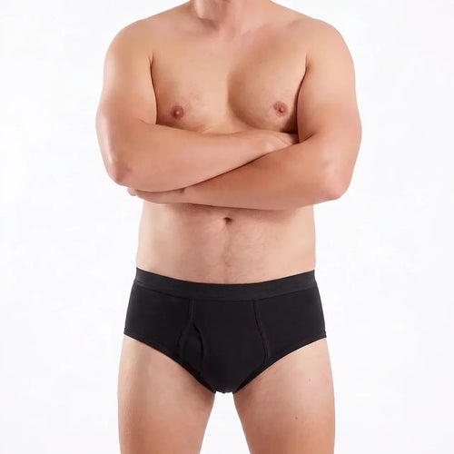 Maven Nove M65 washable incontinence briefs with fly in black, worn