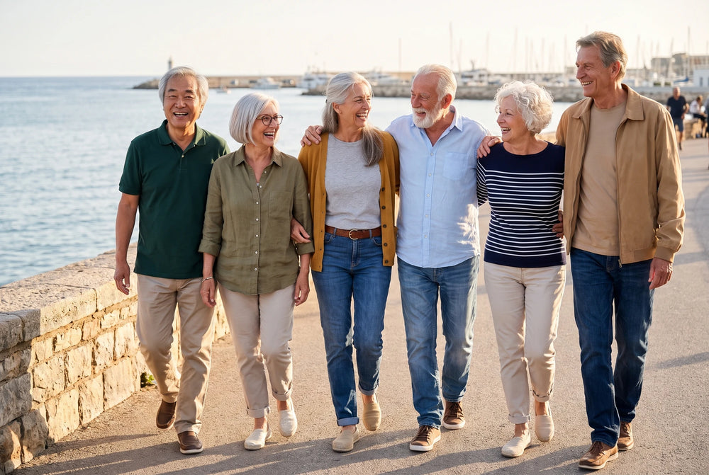 Six friends in their sixties and seventies laughing together on a harbour promenade
