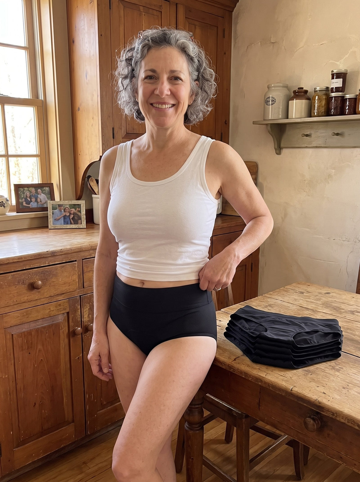 Woman in a farmhouse kitchen wearing Maven Nove leak proof briefs, a folded stack of briefs on the table