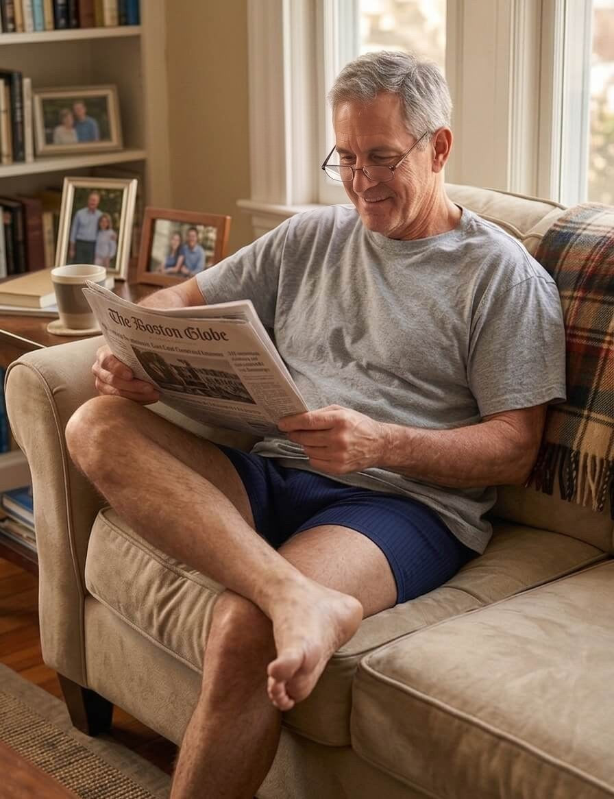 Man reading the newspaper on the sofa at home in Maven Nove leak proof boxer briefs