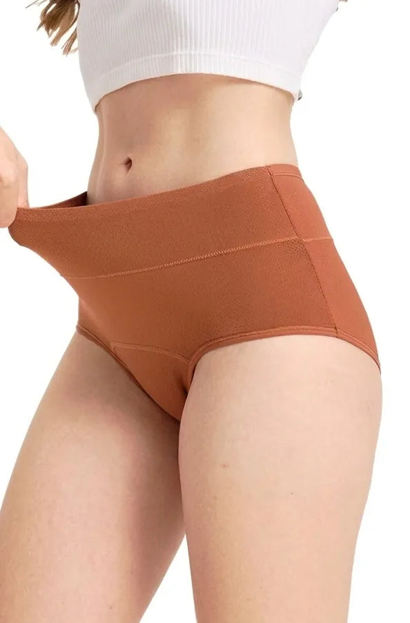 Maven Nove P14 leak proof panties in Caramel, front and side view
